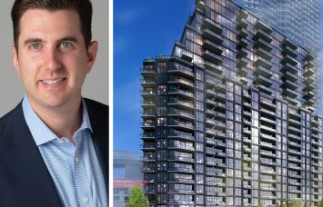 Perry Katz, vice president at Affinius Capital, and a rendering for a planned residential tower at 358 Livingston Street, Brooklyn.