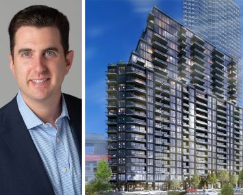 Perry Katz, vice president at Affinius Capital, and a rendering for a planned residential tower at 358 Livingston Street, Brooklyn.