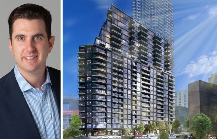 Perry Katz, vice president at Affinius Capital, and a rendering for a planned residential tower at 358 Livingston Street, Brooklyn.