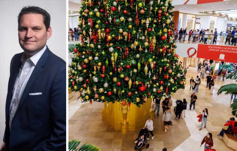 R.J. Hottovy, head of analytical research at Placer.ai, and shoppers at South Coast Plaza in Costa Mesa, Calif.