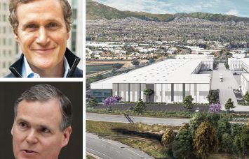 Rob Speyer, CEO of Tishman Speyer, John Kessler, CEO of Mitsui Fudosan America, and a rendering of the Bake Freeway Business Park in Irvine, Calif.