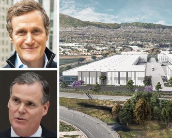Rob Speyer, CEO of Tishman Speyer, John Kessler, CEO of Mitsui Fudosan America, and a rendering of the Bake Freeway Business Park in Irvine, Calif.
