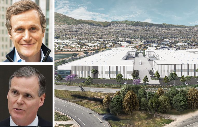 Rob Speyer, CEO of Tishman Speyer, John Kessler, CEO of Mitsui Fudosan America, and a rendering of the Bake Freeway Business Park in Irvine, Calif.