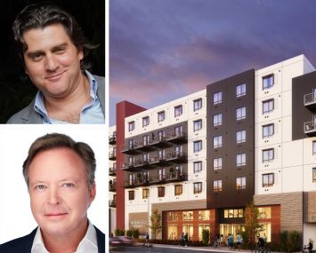 Ascendent Capital Partners CEO Russell Gimelstob, Acore Capital Founder and CEO Warren de Haan, and a rendering of the Mission Gorge project in San Diego.