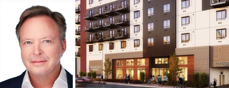 Ascendent Capital Partners CEO Russell Gimelstob, Acore Capital Founder and CEO Warren de Haan, and a rendering of the Mission Gorge project in San Diego.