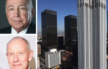 TF Cornerstone CEO Thomas Elghanayan, Dune Real Estate Partners CEO Dan Neidich, and an office building in Los Angeles.