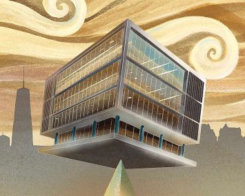 Illustration of a building balancing on a tip.