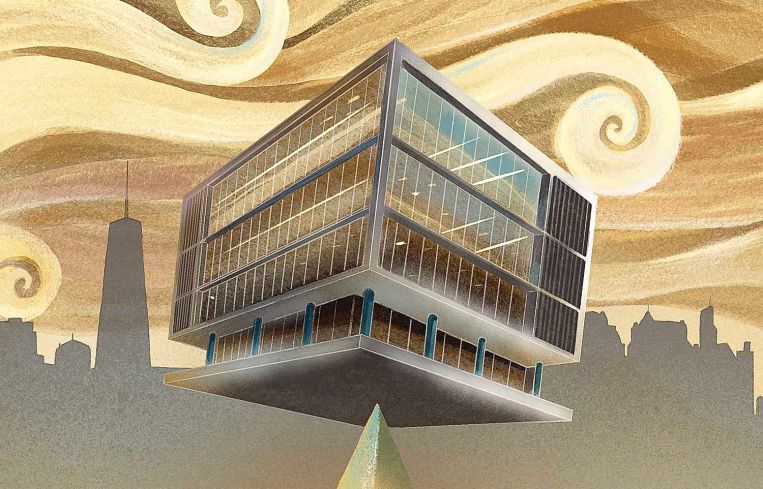 Illustration of a building balancing on a tip.