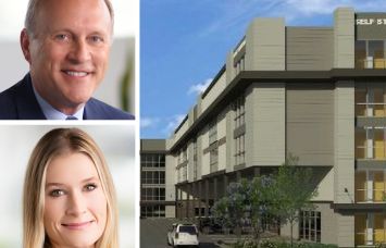 Tom Sherlock and Britt Taylor of Talonvest Capital, and a rendering of a planned storage facility at 420 South San Gabriel Boulevard.