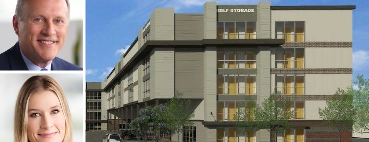 Tom Sherlock and Britt Taylor of Talonvest Capital, and a rendering of a planned storage facility at 420 South San Gabriel Boulevard.