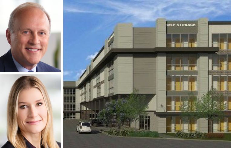 Tom Sherlock and Britt Taylor of Talonvest Capital, and a rendering of a planned storage facility at 420 South San Gabriel Boulevard.