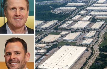 CBRE's Tom Traynor and Tom Rugg, and an aerial view of warehouses.