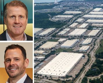 CBRE's Tom Traynor and Tom Rugg, and an aerial view of warehouses.