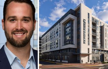 Trevor Arnholt, executive director at PGIM Real Estate, and Makers Rise multifamily property in Herndon, Va.