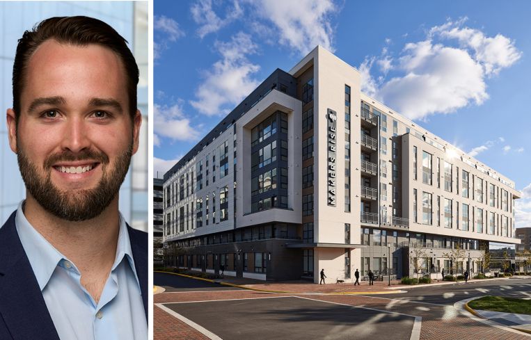 Trevor Arnholt, executive director at PGIM Real Estate, and Makers Rise multifamily property in Herndon, Va.