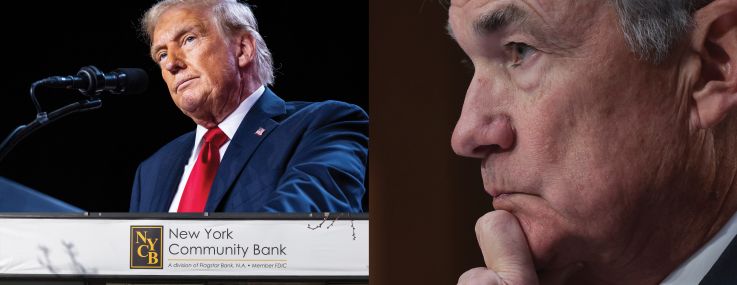 A collage of President-elect Donald Trump, Federal Reserve Chairman Jerome Powell, and a New York Community Bank branch.