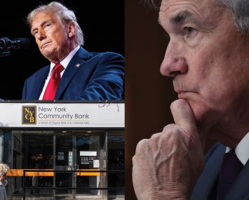 A collage of President-elect Donald Trump, Federal Reserve Chairman Jerome Powell, and a New York Community Bank branch.