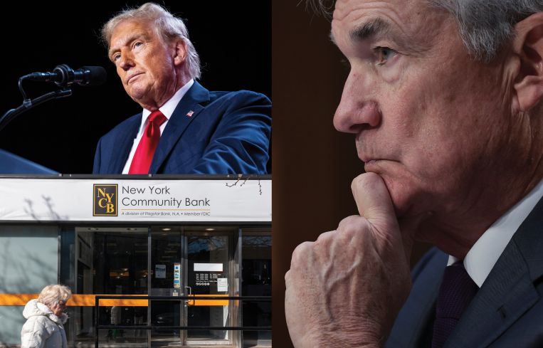A collage of President-elect Donald Trump, Federal Reserve Chairman Jerome Powell, and a New York Community Bank branch.