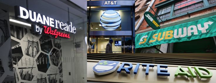 A collage of chain store signage in New York City.