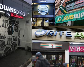 A collage of chain store signage in New York City.