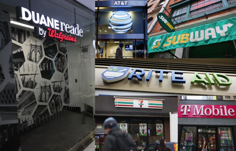 A collage of chain store signage in New York City.