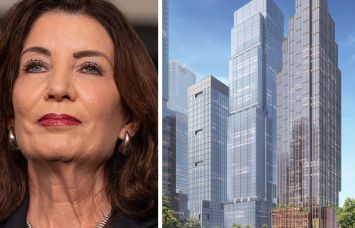 Gov. Kathy Hochul and a rendering of mixed-use project at 418 Eleventh Avenue.
