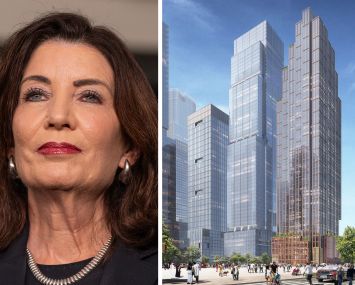 Gov. Kathy Hochul and a rendering of mixed-use project at 418 Eleventh Avenue.