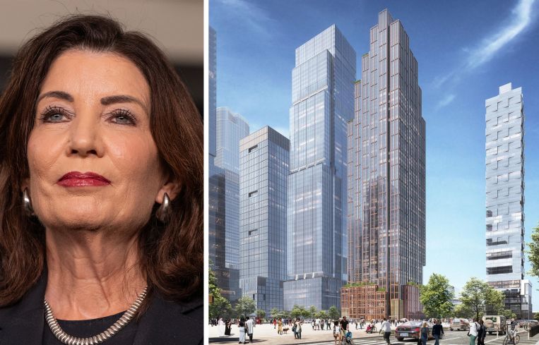 Gov. Kathy Hochul and a rendering of mixed-use project at 418 Eleventh Avenue.