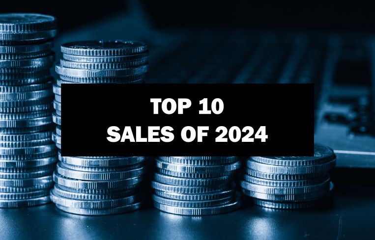 A pile of gold coins with the word Top 10 Sales of 2024 in front.