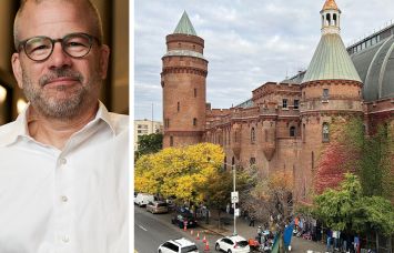 NYCEDC President and CEO Andrew Kimball and the Kingsbridge Armory, the Bronx.