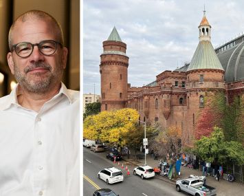 NYCEDC President and CEO Andrew Kimball and the Kingsbridge Armory, the Bronx.