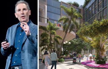Amazon CEO Andy Jassy and a rendering of Wynwood Plaza.