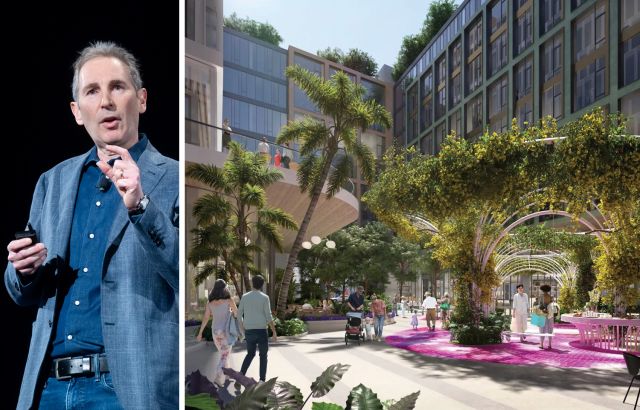 Amazon CEO Andy Jassy and a rendering of Wynwood Plaza.