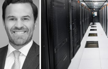 Brent Mayo, Newmark's head of data center markets, and servers inside a data center.