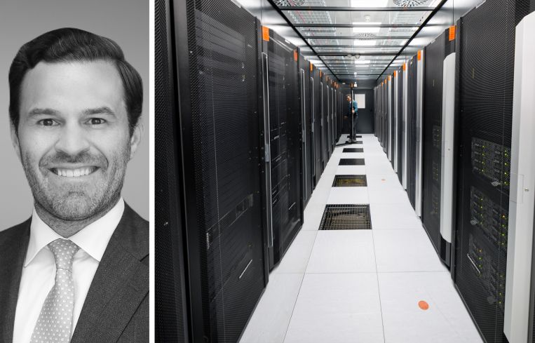 Brent Mayo, Newmark's head of data center markets, and servers inside a data center.