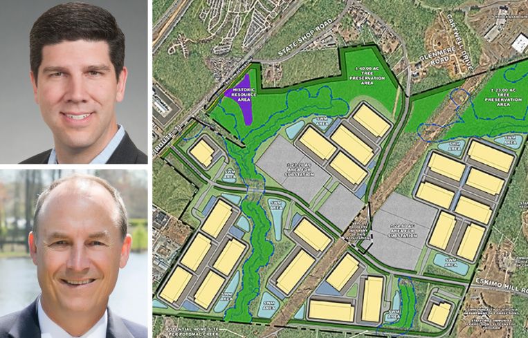 Brian Cox, Stack Infrastructure CEO; Taylor Chess, Peterson Companies senior managing director of development; and a 504 assemblage entitled for data center development in Stafford County, Va.
