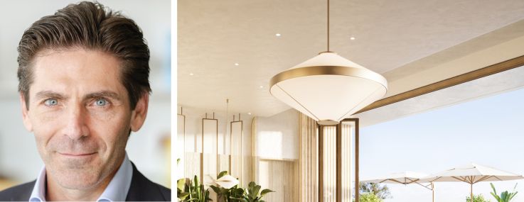 Camilo Miguel Jr. of Mast Capital, Barry Sternlicht of Starwood Capital Group, and a rendering of The Perigon Miami Beach.