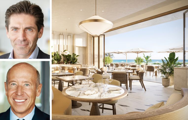Camilo Miguel Jr. of Mast Capital, Barry Sternlicht of Starwood Capital Group, and a rendering of The Perigon Miami Beach.