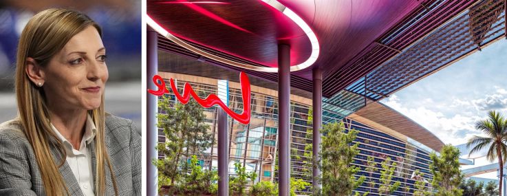 Caroline O'Connor, Miami Marlins president of business, and a rendering of Miami Live!