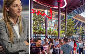 Caroline O'Connor, Miami Marlins president of business, and a rendering of Miami Live!