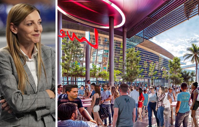 Caroline O'Connor, Miami Marlins president of business, and a rendering of Miami Live!