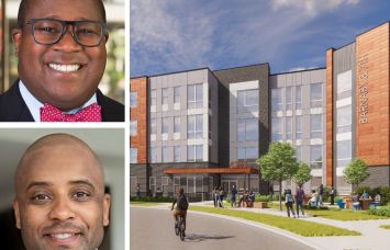 Christopher E. Donald of DCHFA, Yarojin Robinson of Gilbane Development Company, and a rendering of phase II of the Barnaby & 7th project in Washington, D.C.