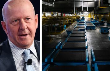 David Solomon, CEO of Goldman Sachs, and an Amazon warehouse.