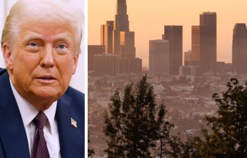 President Donald Trump and the downtown Los Angeles skyline in the early morning.