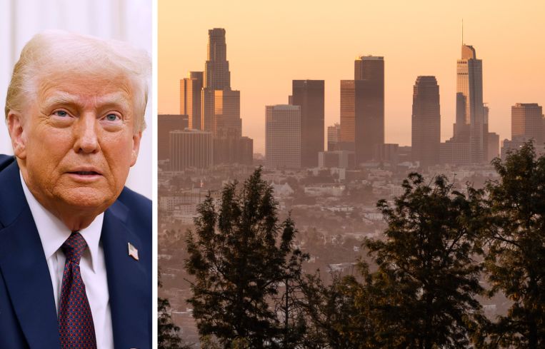 President Donald Trump and the downtown Los Angeles skyline in the early morning.