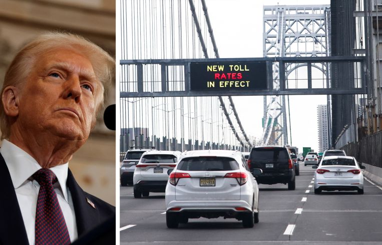 President Donald Trump and a sign warning drivers about the new congestion pricing tolls in Manhattan.