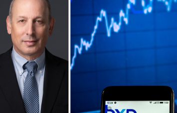 Doug Linde, president and director at BXP, and the BXP logo with a stock chart in the background.