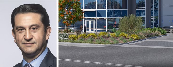 Dermody Properties CEO Douglas Kiersey, Jr., Hyundai CEO José Muñoz, and a rendering of LogistiCenter at Irvine II.