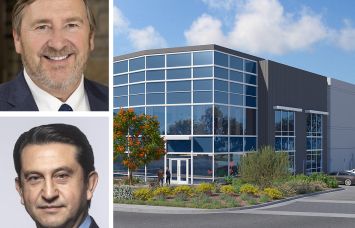 Dermody Properties CEO Douglas Kiersey, Jr., Hyundai CEO José Muñoz, and a rendering of LogistiCenter at Irvine II.
