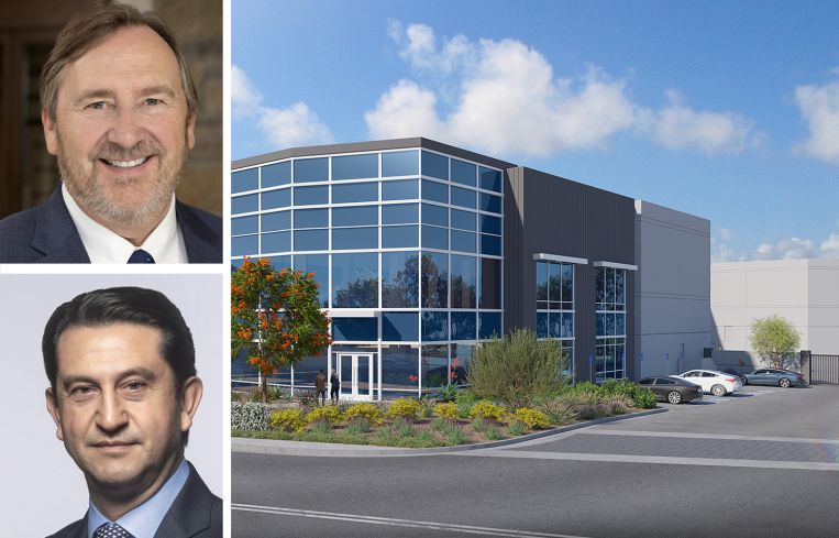 Dermody Properties CEO Douglas Kiersey, Jr., Hyundai CEO José Muñoz, and a rendering of LogistiCenter at Irvine II.